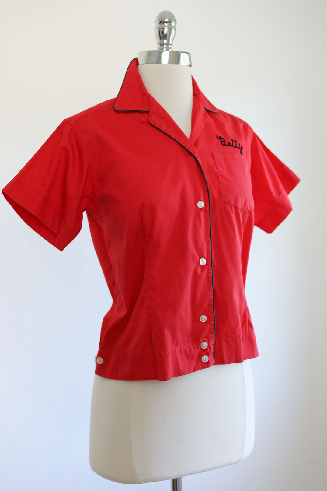 Vintage 1950s Bowling Shirt - BETTY of the HAMPTONS! Scarlet Red Cotton w Black Chainstitching Women's Top Size XS - M