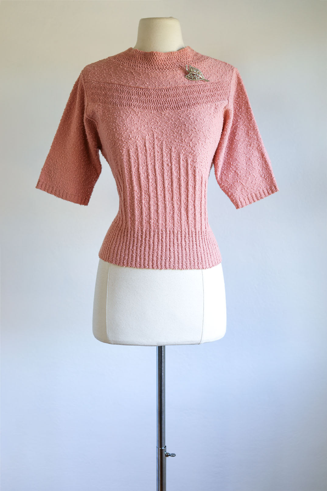Vintage 1940s - 1950s Sweater Top - "Marinette" Ballet Pink Wool Boucle Knit Batwing Pullover Size M to XL