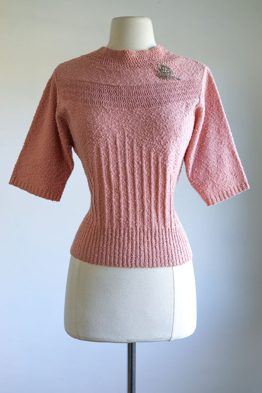 Vintage 1940s - 1950s Sweater Top - "Marinette" Ballet Pink Wool Boucle Knit Batwing Pullover Size M to XL