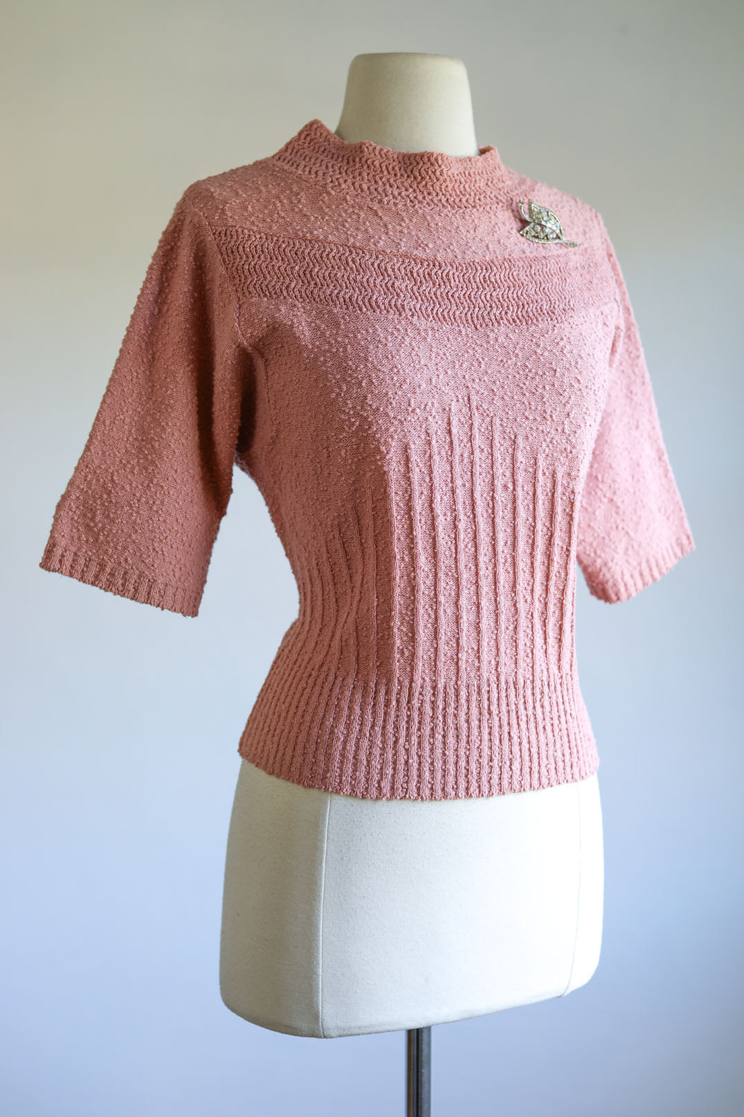 Vintage 1940s - 1950s Sweater Top - "Marinette" Ballet Pink Wool Boucle Knit Batwing Pullover Size M to XL