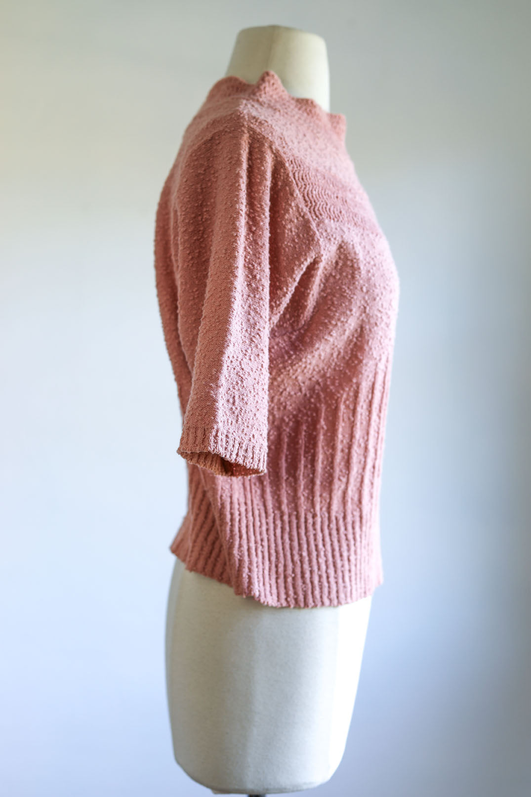 Vintage 1940s - 1950s Sweater Top - "Marinette" Ballet Pink Wool Boucle Knit Batwing Pullover Size M to XL