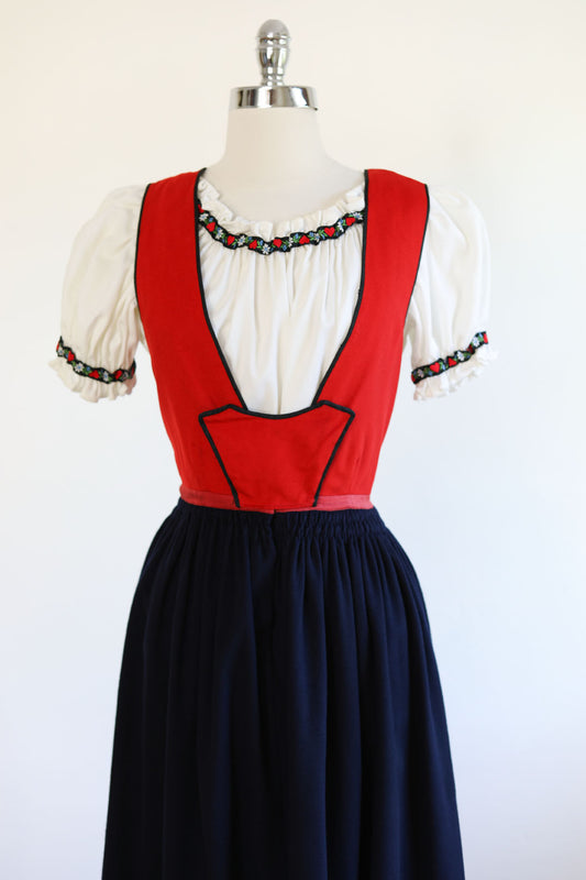 Vintage 1930s - 1940s Folk Jumper Dress - Scandinavian, Norwegian, Swedish Festdrakt? Bunad? Nordic Saami Ethnic Pinafore of Red & Navy Wool + Silk Size M