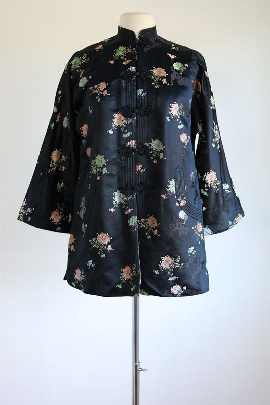 Vintage 1950s Cocktail Jacket - Black Silk Satin Brocade w Pastel Mums + Pockets Short Coat Size S to M