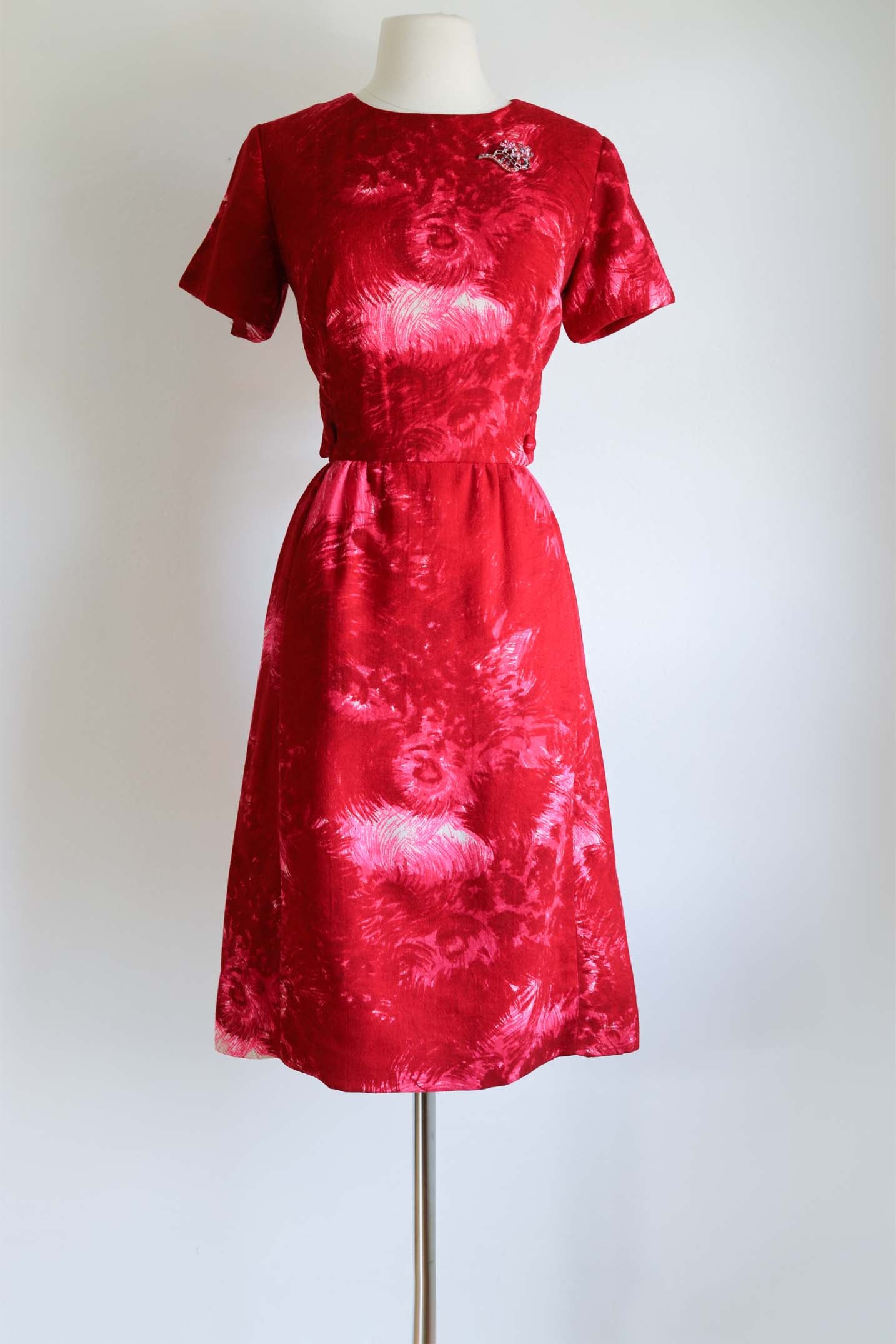 Vintage 1950s Wool Dress - Sharp Ruby Red Hot Pink Cosmic Blossom Wiggle Cocktail Dress Size S to M