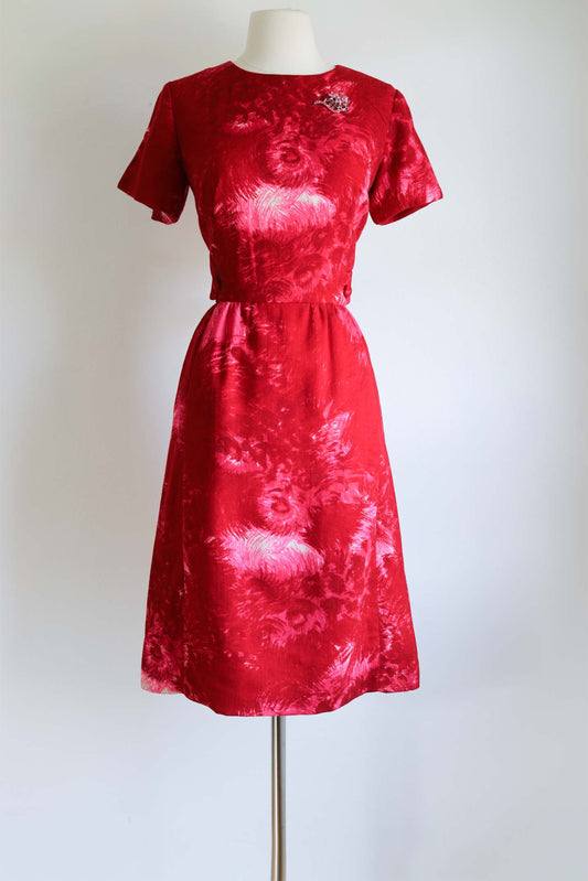 Vintage 1950s Wool Dress - Sharp Ruby Red Hot Pink Cosmic Blossom Wiggle Cocktail Dress Size S to M