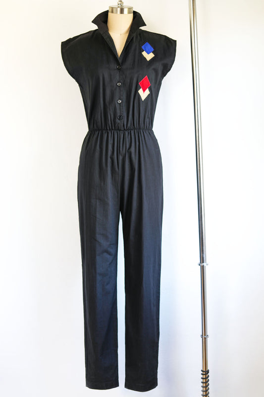Vintage 1970s does 1950s Jumpsuit - Black Cotton Rockabilly Atomic Diamond Appliques Romper Size XS to S