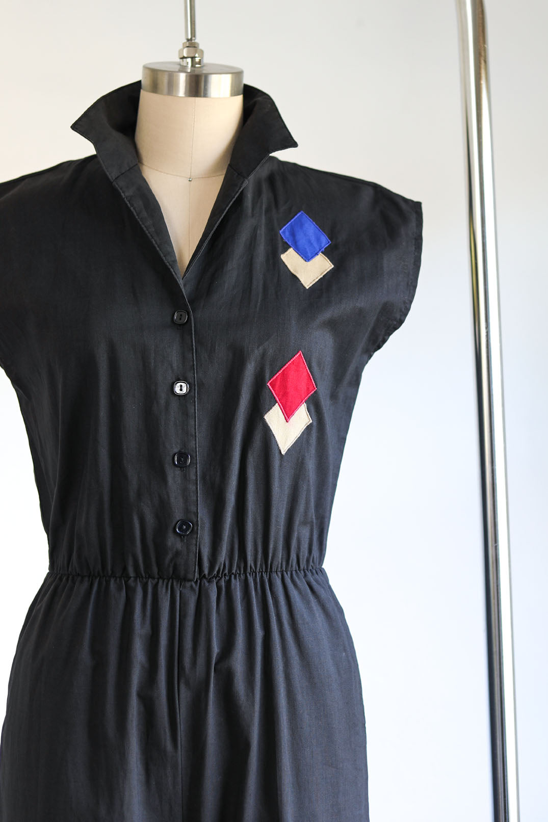 Vintage 1970s does 1950s Jumpsuit - Black Cotton Rockabilly Atomic Diamond Appliques Romper Size XS to S