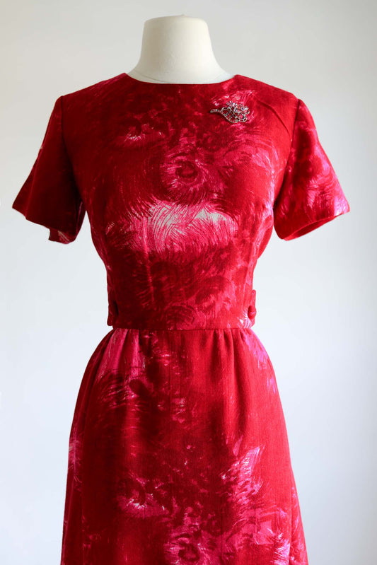 Vintage 1950s Wool Dress - Sharp Ruby Red Hot Pink Cosmic Blossom Wiggle Cocktail Dress Size S to M