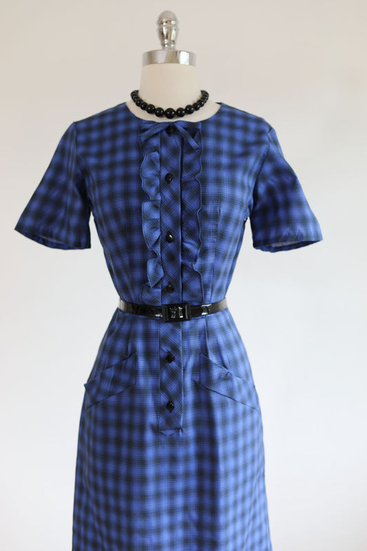 Vintage 1950s Dress - SMART! Blue Black Plaid Fancy Cotton Shirtwaist Wiggle Cocktail w Tuxedo Details Size M