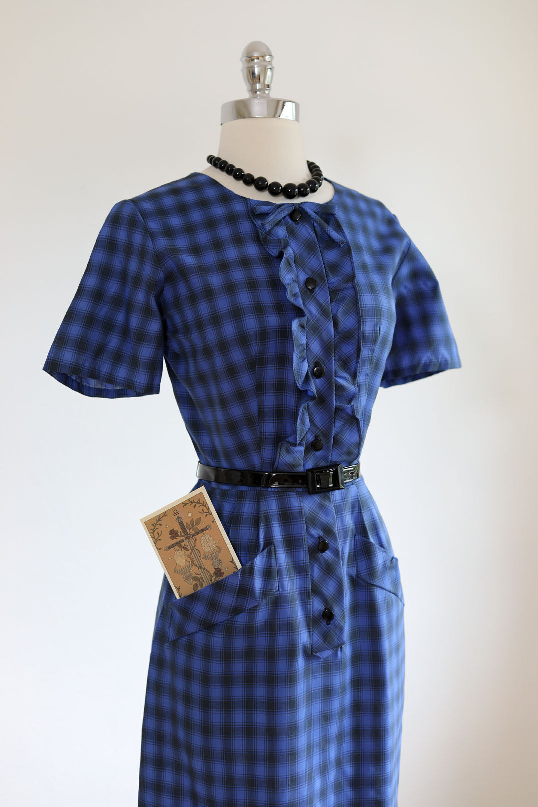 Vintage 1950s Dress - SMART! Blue Black Plaid Fancy Cotton Shirtwaist Wiggle Cocktail w Tuxedo Details Size M