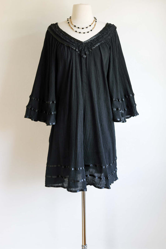 Vintage Black Mexican Gauze Cotton Gown - Angel Sleeve Crinkle Crochet Satin Ribbon Kaftan Tent Sundress One Size XS to XL
