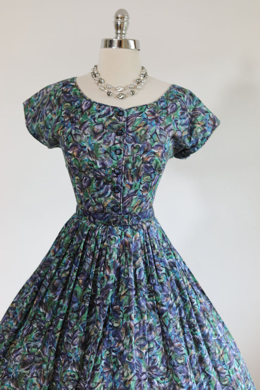 Vintage 1950s Dress - SUPER PRETTY Organic Blue Green Floral Print Cotton Shirtwaist Size M - L