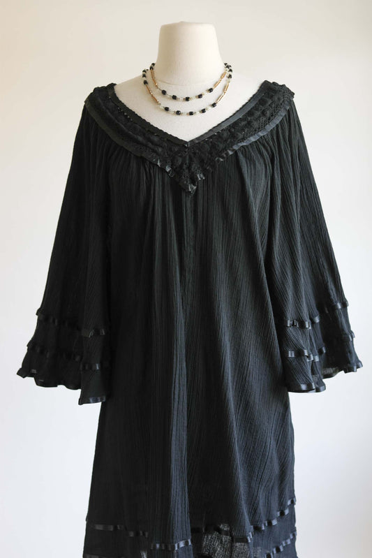 Vintage Black Mexican Gauze Cotton Gown - Angel Sleeve Crinkle Crochet Satin Ribbon Kaftan Tent Sundress One Size XS to XL