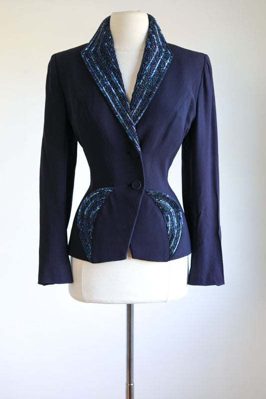 Vintage 1940s Cocktail Jacket - Coveted Fred A. Block "FAB" Blue Wool Princess w Aurora Borealis Beaded Crescent Moons Size M