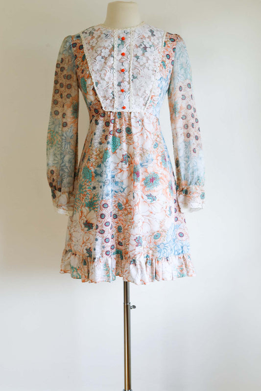 Vintage 1970s Babydoll Dress - Dreamy Soft Cotton Gauze Floral Print Belted Mod Dolly Dress Size S