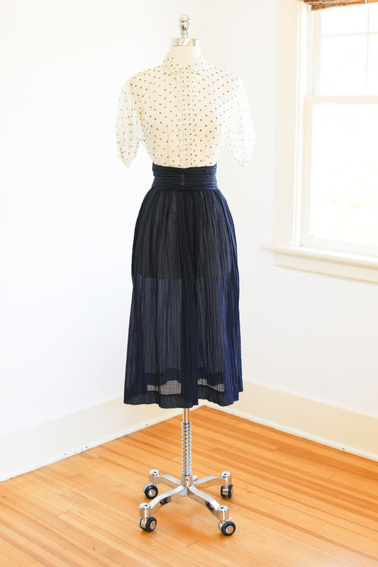 Vintage 1940s Dress - SPLENDID Summery Midnight Blue Polka Dot Sheer Nylon Balloon Sleeve Shirtwaist Size XS