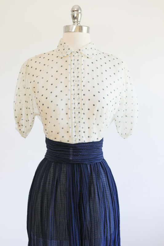 Vintage 1940s Dress - SPLENDID Summery Midnight Blue Polka Dot Sheer Nylon Balloon Sleeve Shirtwaist Size XS