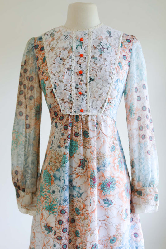 Vintage 1970s Babydoll Dress - Dreamy Soft Cotton Gauze Floral Print Belted Mod Dolly Dress Size S