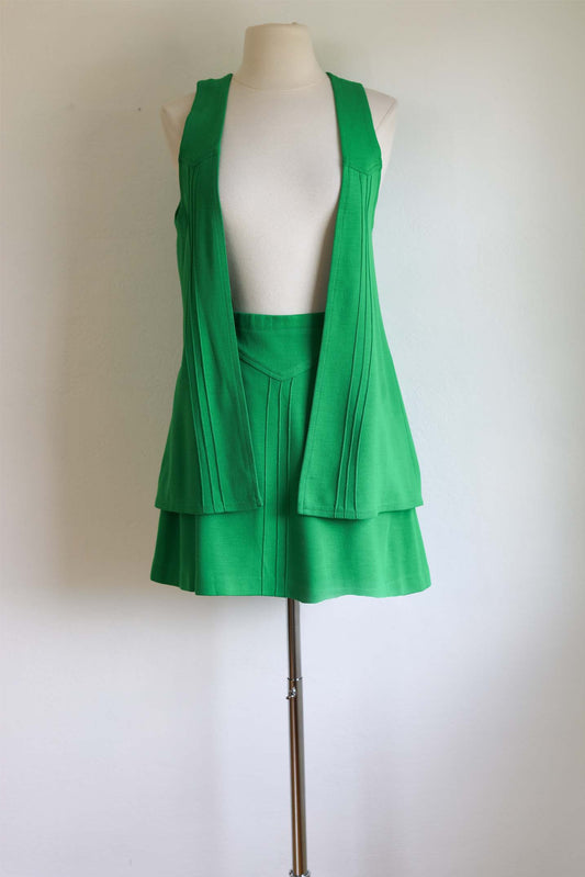 Vintage 1960s Designer Vest Skirt Knit Set - Frog Green Jersey Knitwear Joshua Tree Vest Top + Miniskirt Size M