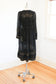 Vintage 1970s RARE Black Indian Dress - Gauzy Solid Black Tent Kaftan w Belt for Fitting + Gold Metallic Stamped BUTTERFLY Print Size XS - M