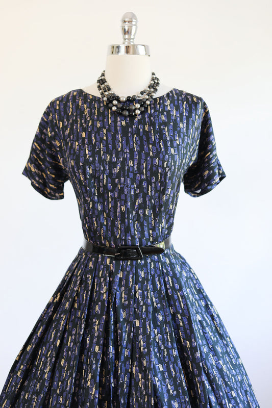 Vintage 1950s Dress - DREAMY Blue Lavender Black Tan Bamboo Print Silk Party Dress w Belt Size M