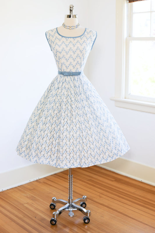 Vintage 1950s Dress - GLORIOUS White + Pastel Blue Embroidered Eyelet Sundress, Very Elsa! Size S