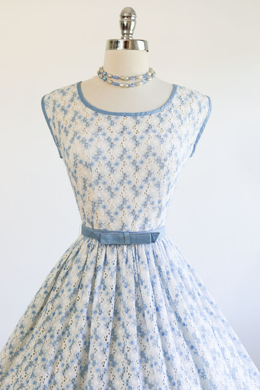 Vintage 1950s Dress - GLORIOUS White + Pastel Blue Embroidered Eyelet Sundress, Very Elsa! Size S