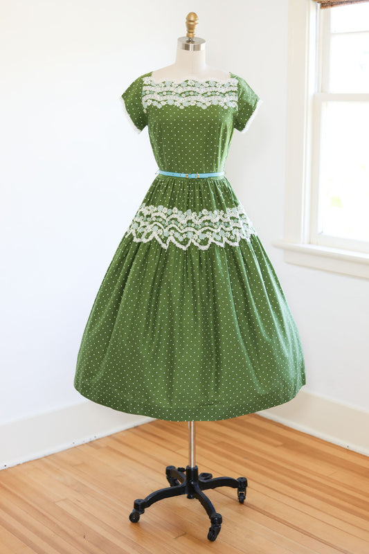 Vintage 1950s Dress - WOW LEVEL Olive Green + Aqua Polka Dot Daisy Floral Border Print w Lace Stripes Size S