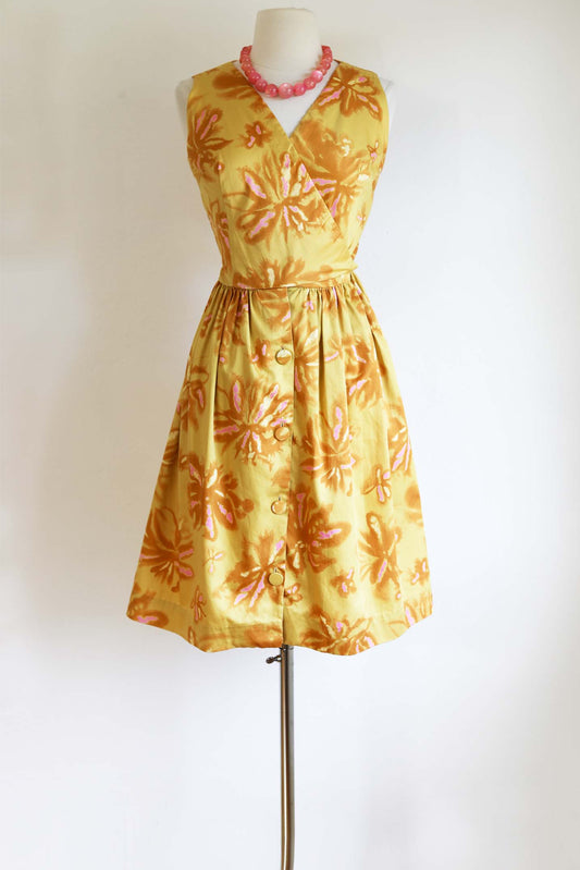 Vintage 1960s Wrap Dress - Cute Tawny Mustard + Pink Floral Cotton Designer Sundress Size S