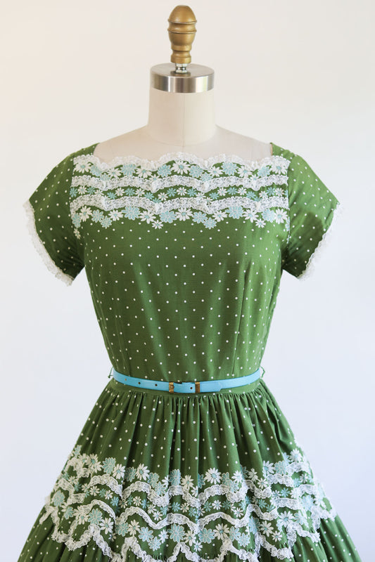 Vintage 1950s Dress - WOW LEVEL Olive Green + Aqua Polka Dot Daisy Floral Border Print w Lace Stripes Size S