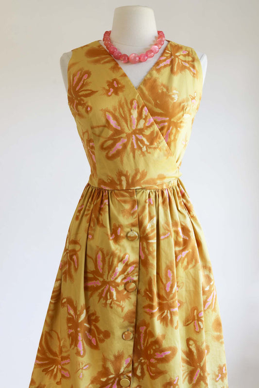 Vintage 1960s Wrap Dress - Cute Tawny Mustard + Pink Floral Cotton Designer Sundress Size S