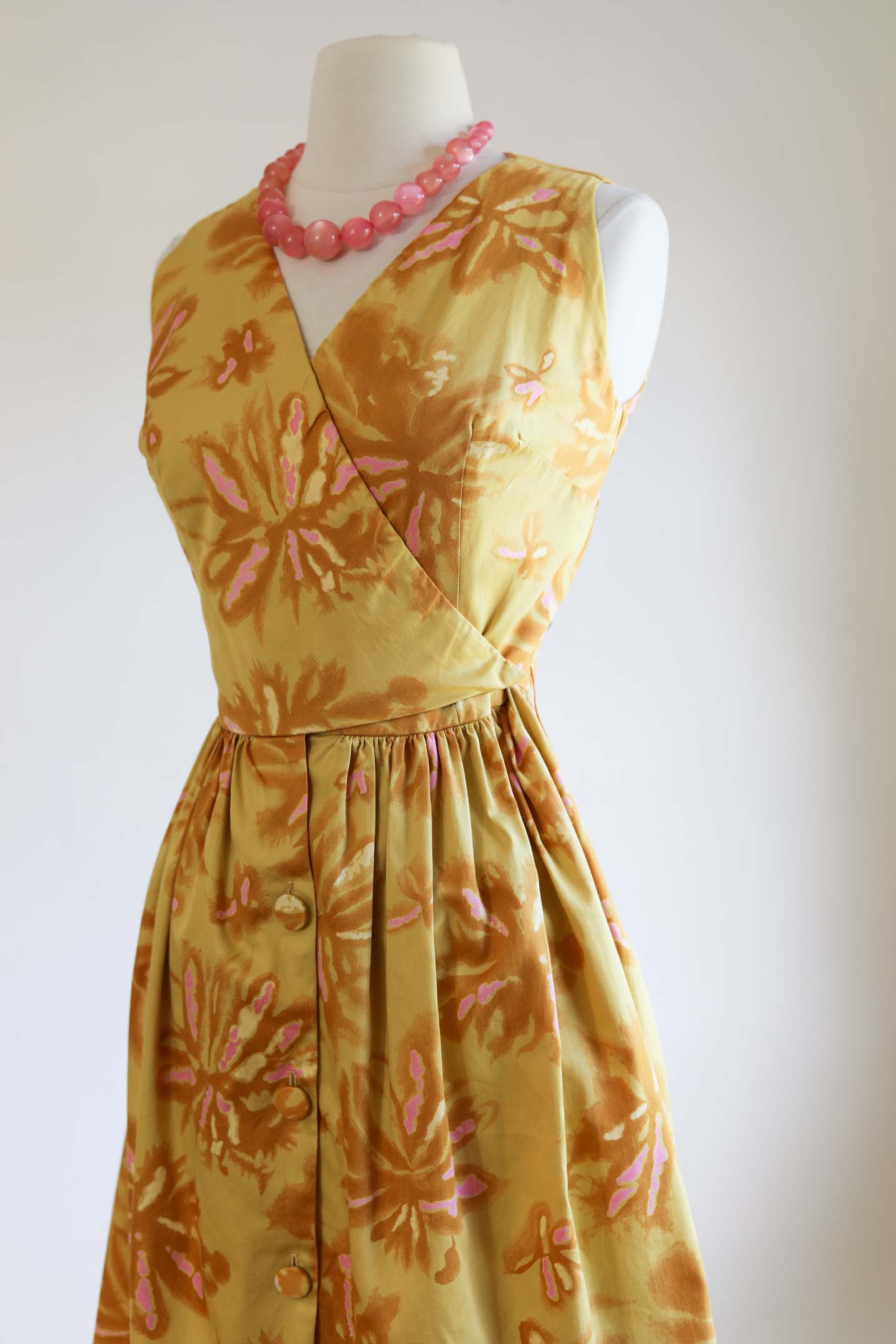 Vintage 1960s Wrap Dress - Cute Tawny Mustard + Pink Floral Cotton Designer Sundress Size S