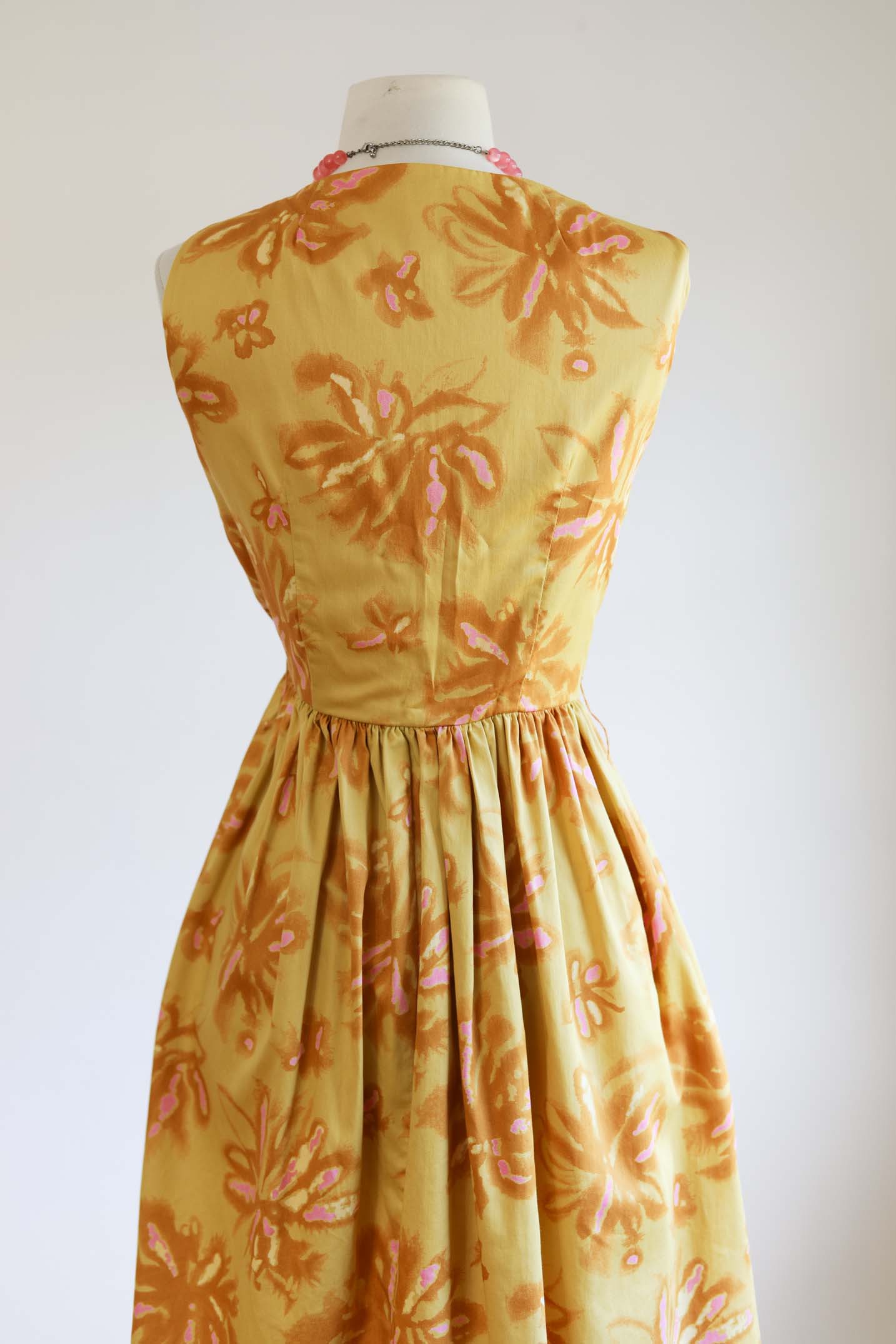 Vintage 1960s Wrap Dress - Cute Tawny Mustard + Pink Floral Cotton Designer Sundress Size S