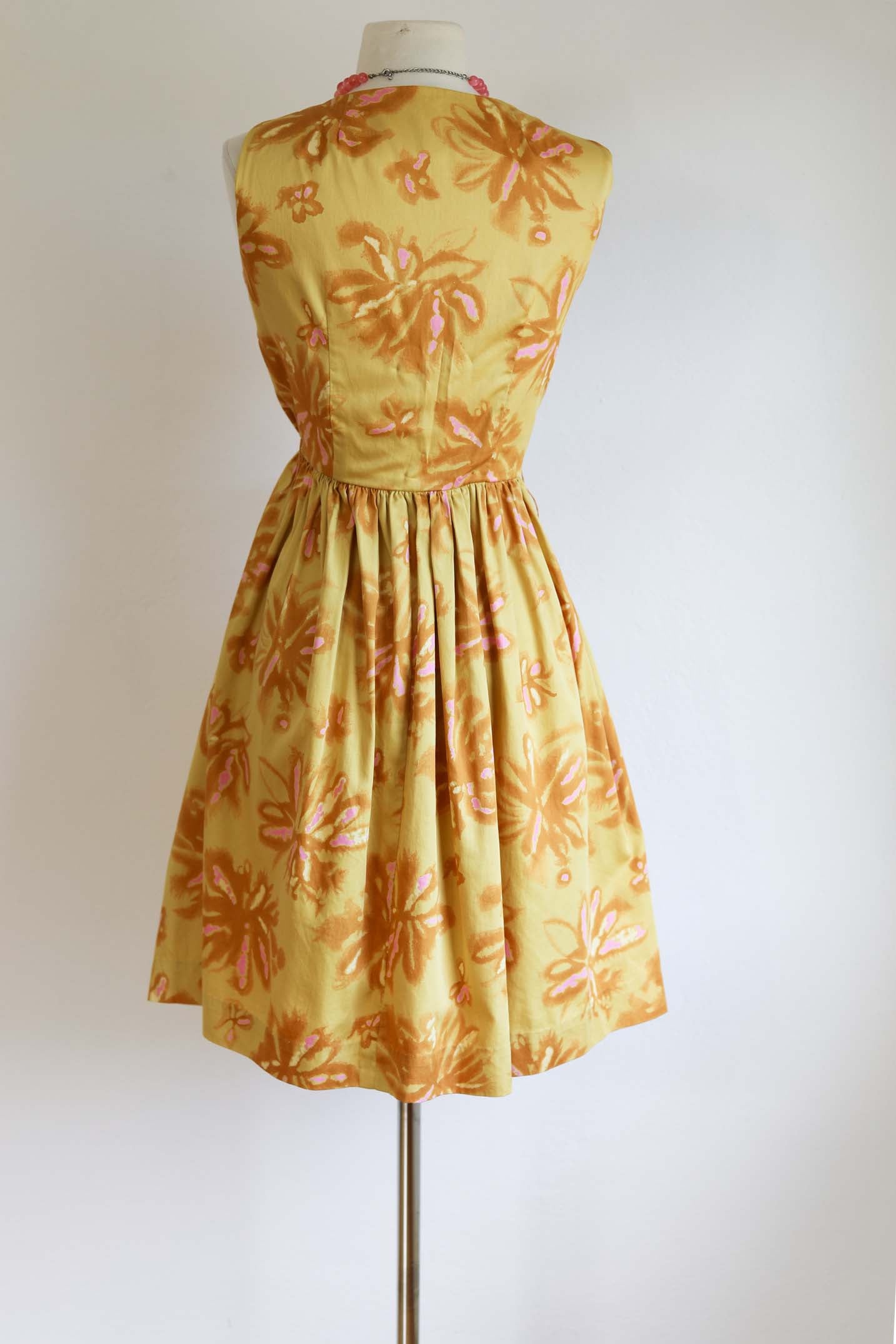 Vintage 1960s Wrap Dress - Cute Tawny Mustard + Pink Floral Cotton Designer Sundress Size S
