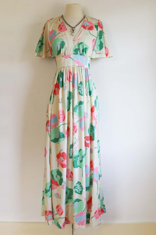 Vintage 1970s does 1930s Maxi Dress - Sublime Cream Jadeite Coral Hot Pink Summer Gown Sundress Size M