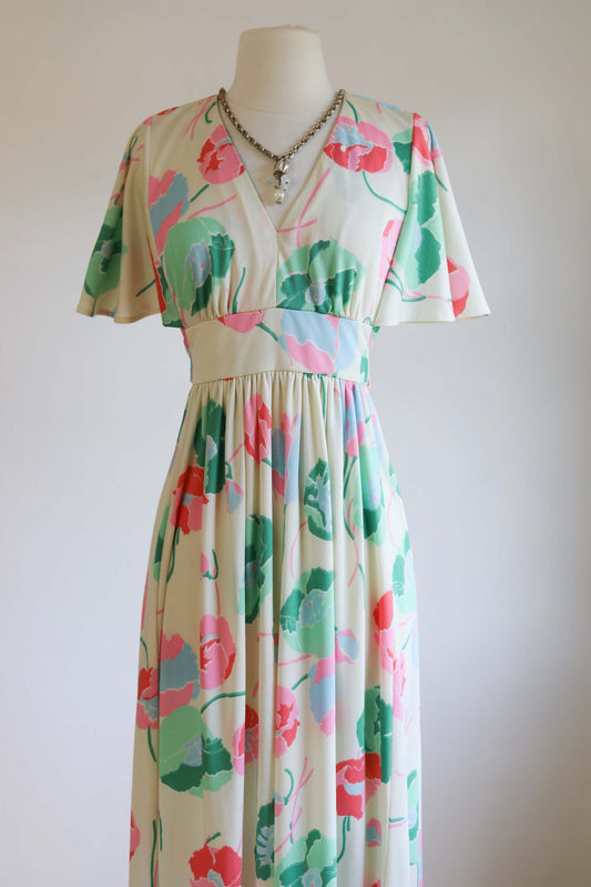 Vintage 1970s does 1930s Maxi Dress - Sublime Cream Jadeite Coral Hot Pink Summer Gown Sundress Size M