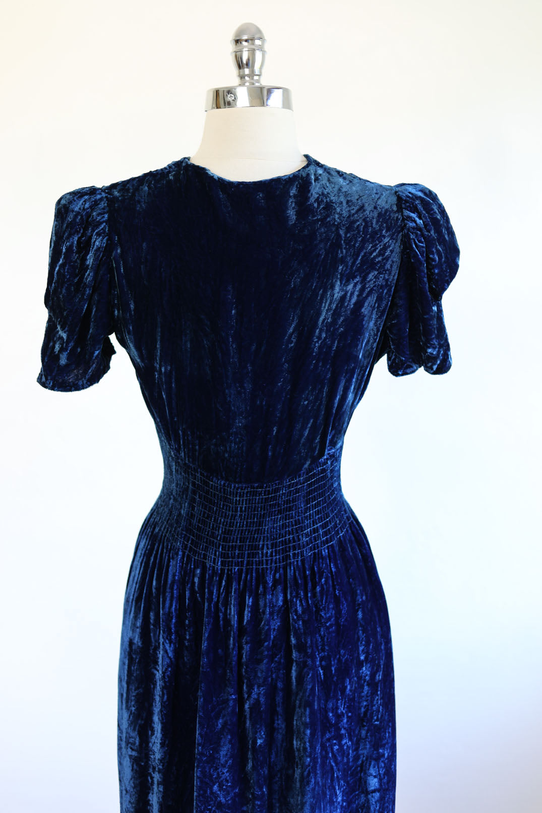 Vintage 1930s Dress - SUBLIME Cobalt Blue Velvet Puff Sleeve Dress w Gold Metal Stud Pocket Size M to L