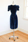 Vintage 1930s Dress - SUBLIME Cobalt Blue Velvet Puff Sleeve Dress w Gold Metal Stud Pocket Size M to L