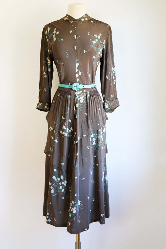 Vintage 1940s Dress - Smart Cocoa + Delphite Blue Floral R&K Originals Dress Size S to M