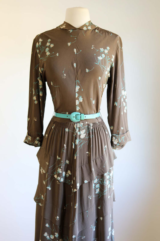 Vintage 1940s Dress - Smart Cocoa + Delphite Blue Floral R&K Originals Dress Size S to M