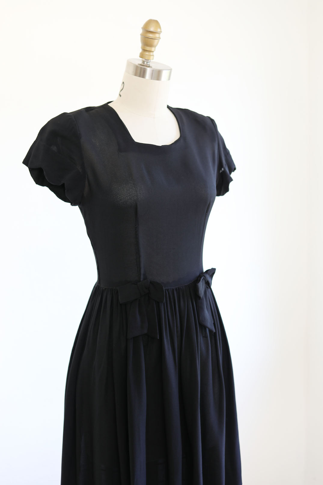 Vintage 1930s to 1940s Dress - SUMMER GOTH Black Mesh Junior's Frock Rayon w Double Girly Waist Bow Size XS to S