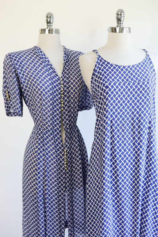 Vintage 1930s to 1940s VOLUP Slip + Redingote Dress Set - Escher Style Deco Print Size XL