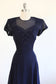 Vintage 1940s Evening Dress - Volup! A REAL BEAUTY QUEEN's Midnight Blue Sheer Gown w Flame Bust + Taffeta Slip Size L to XL