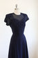 Vintage 1940s Evening Dress - Volup! A REAL BEAUTY QUEEN's Midnight Blue Sheer Gown w Flame Bust + Taffeta Slip Size L to XL