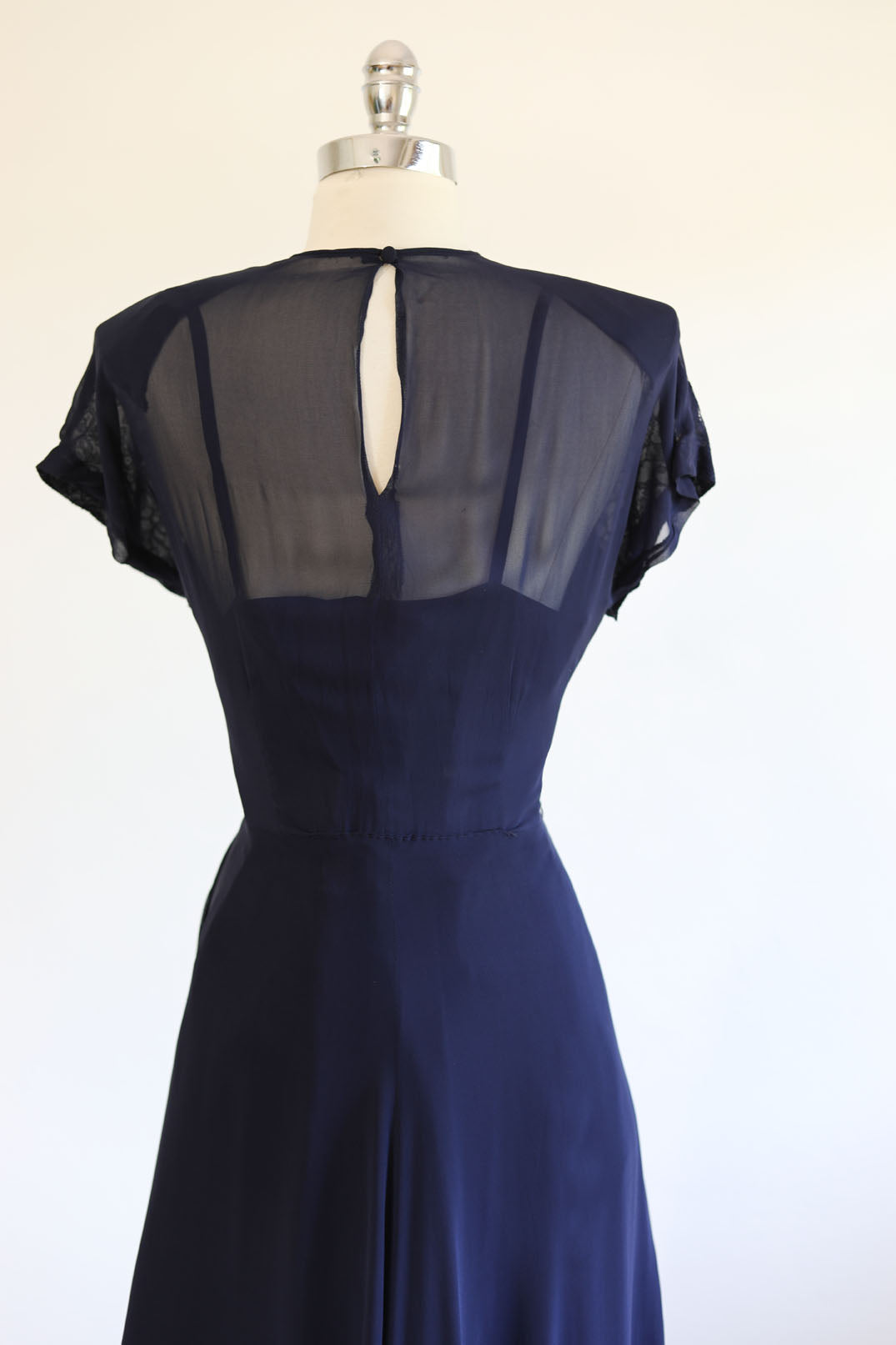 Vintage 1940s Evening Dress - Volup! A REAL BEAUTY QUEEN's Midnight Blue Sheer Gown w Flame Bust + Taffeta Slip Size L to XL