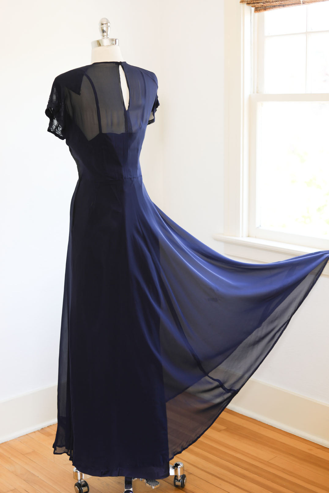 Vintage 1940s Evening Dress - Volup! A REAL BEAUTY QUEEN's Midnight Blue Sheer Gown w Flame Bust + Taffeta Slip Size L to XL