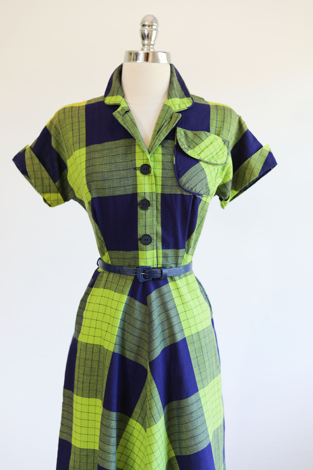 Vintage 1940s Dress - Navy Blue + SHOCKING Lurid Lime Green Plaid Cotton Woven Jean Leslie Shirtwaist Size M