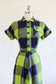 Vintage 1940s Dress - Navy Blue + SHOCKING Lurid Lime Green Plaid Cotton Woven Jean Leslie Shirtwaist Size M