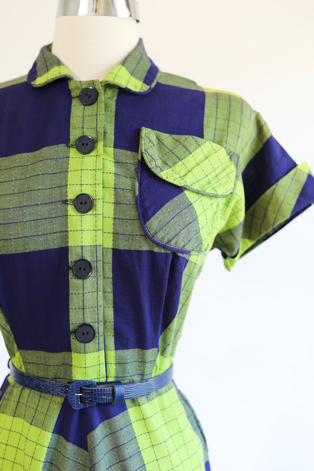 Vintage 1940s Dress - Navy Blue + SHOCKING Lurid Lime Green Plaid Cotton Woven Jean Leslie Shirtwaist Size M