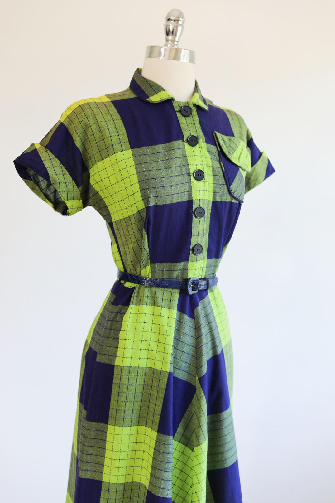 Vintage 1940s Dress - Navy Blue + SHOCKING Lurid Lime Green Plaid Cotton Woven Jean Leslie Shirtwaist Size M